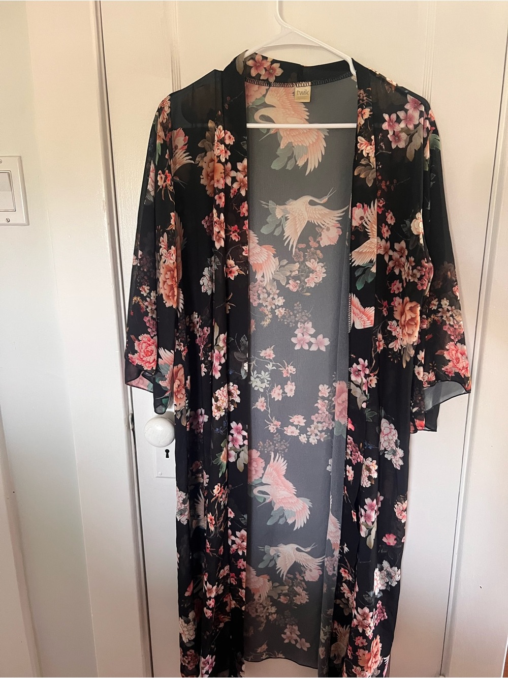 twik Black Sheer Floral & Crane Kimono Robe with Pink Accents